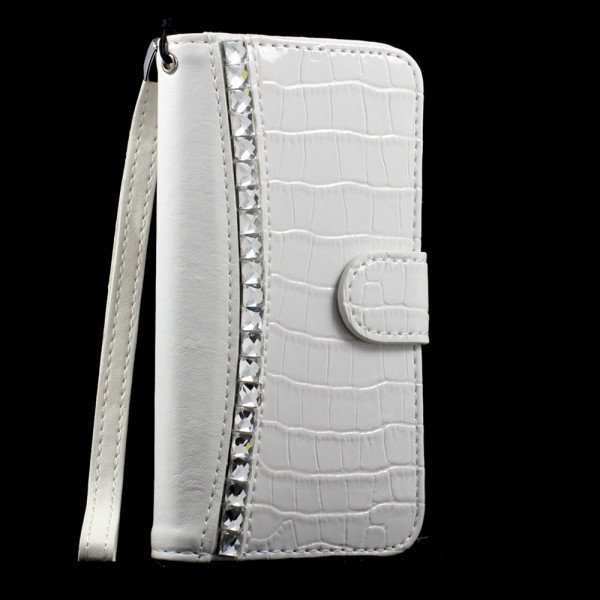 Wholesale Apple iPhone 5 5S Crystal Bling Flip Leather Wallet TPU Case with Strap and Stand (White)